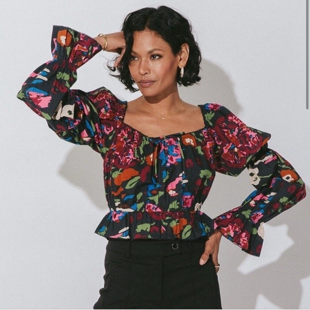 NWT Cleobella Red and Blue Graphic Puff Sleeve Blouse